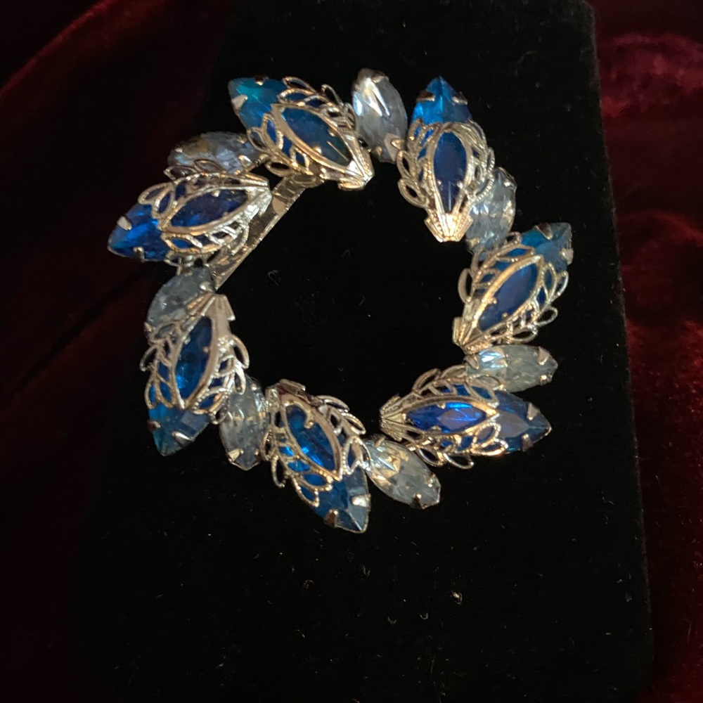 Estate Vintage Blue Rhinestone and Silver Filigree Brooch Pin, 1960’s Juliana?